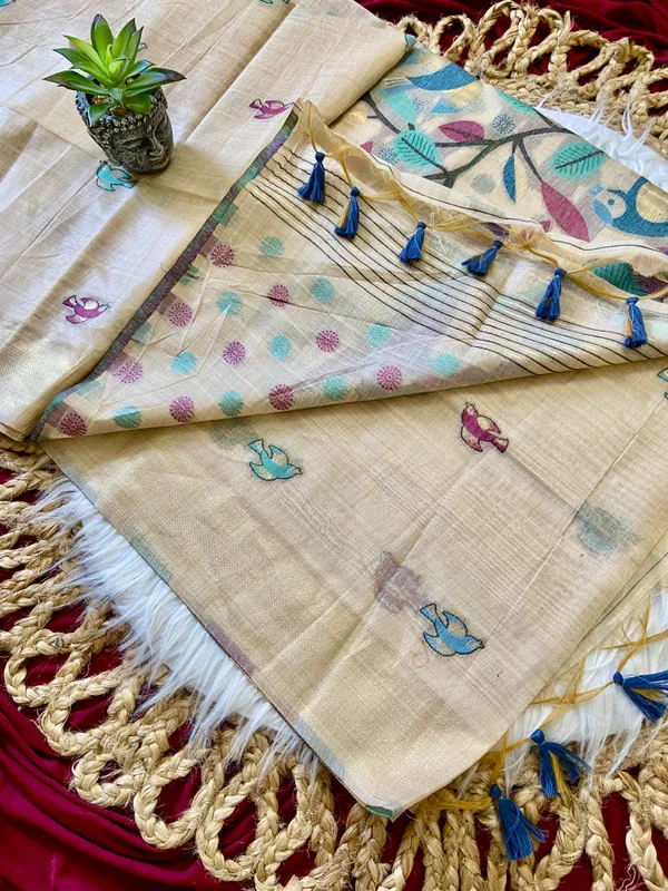 Premium_Soft_Muga_Cotton_sarees_with_Beautiful_Colourfull_Resham_Weaving_Pallu_With_Attractive_Traditional_Zari_Weaving_Border_With_All_Over_Resham_Weaving_Birds_Design_And_Resham_Weaving_Butti_Blouse_With_Fancy_Tassels