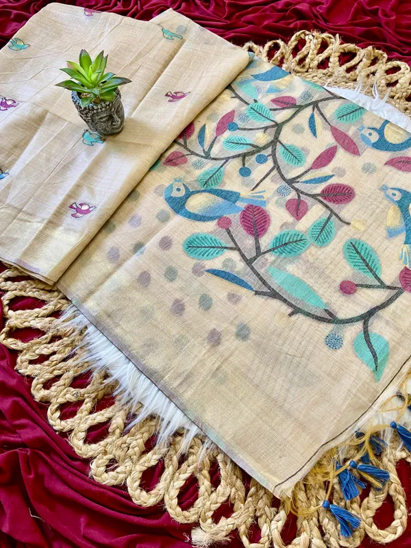 Premium_Soft_Muga_Cotton_sarees_with_Beautiful_Colourfull_Resham_Weaving_Pallu_With_Attractive_Traditional_Zari_Weaving_Border_With_All_Over_Resham_Weaving_Birds_Design_And_Resham_Weaving_Butti_Blouse_With_Fancy_Tassels