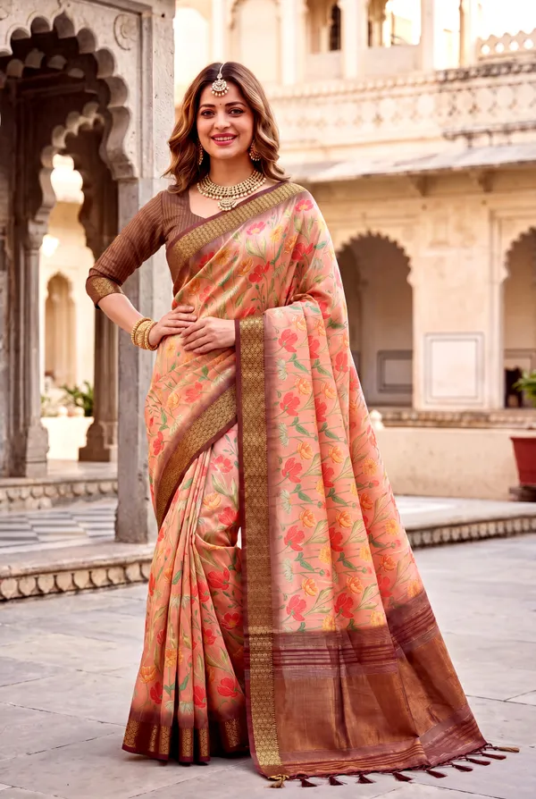 Soft_Tissue_Silk_sarees_with_Beautiful_Digital_Print_With_Attractive_Border_&_Rich_Pallu_With_Sequence_And_Contrast_Print_Blouse_With_Tassels