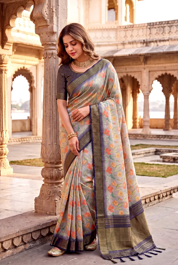 Soft_Tissue_Silk_sarees_with_Beautiful_Digital_Print_With_Attractive_Border_&_Rich_Pallu_With_Sequence_And_Contrast_Print_Blouse_With_Tassels