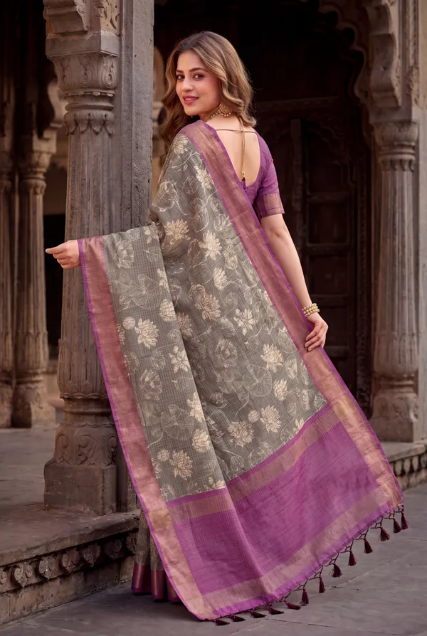 Soft_Tussar_Silk_sarees_with_Beautiful_Digital_Print_With_Attractive_Checks_Design_Saree_And_Digital_Print_Blouse_With_Tassels