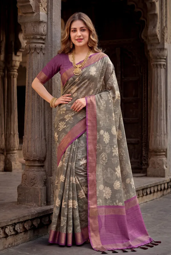 Soft_Tussar_Silk_sarees_with_Beautiful_Digital_Print_With_Attractive_Checks_Design_Saree_And_Digital_Print_Blouse_With_Tassels