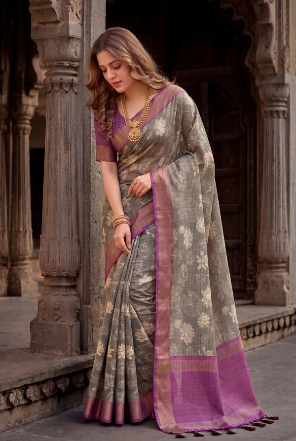 Soft_Tussar_Silk_sarees_with_Beautiful_Digital_Print_With_Attractive_Checks_Design_Saree_And_Digital_Print_Blouse_With_Tassels