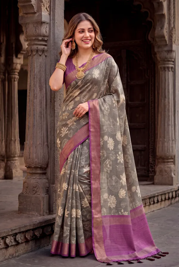 Soft_Tussar_Silk_sarees_with_Beautiful_Digital_Print_With_Attractive_Checks_Design_Saree_And_Digital_Print_Blouse_With_Tassels