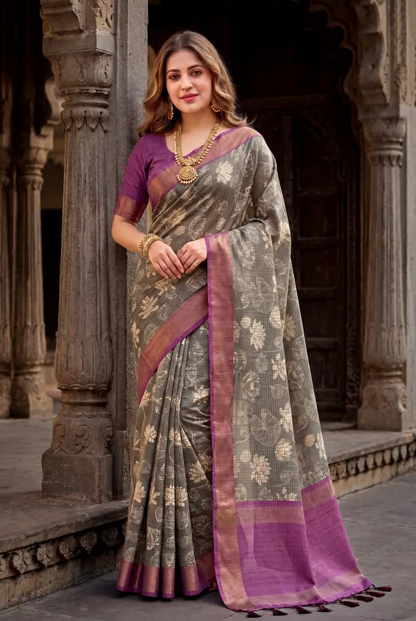 Soft_Tussar_Silk_sarees_with_Beautiful_Digital_Print_With_Attractive_Checks_Design_Saree_And_Digital_Print_Blouse_With_Tassels
