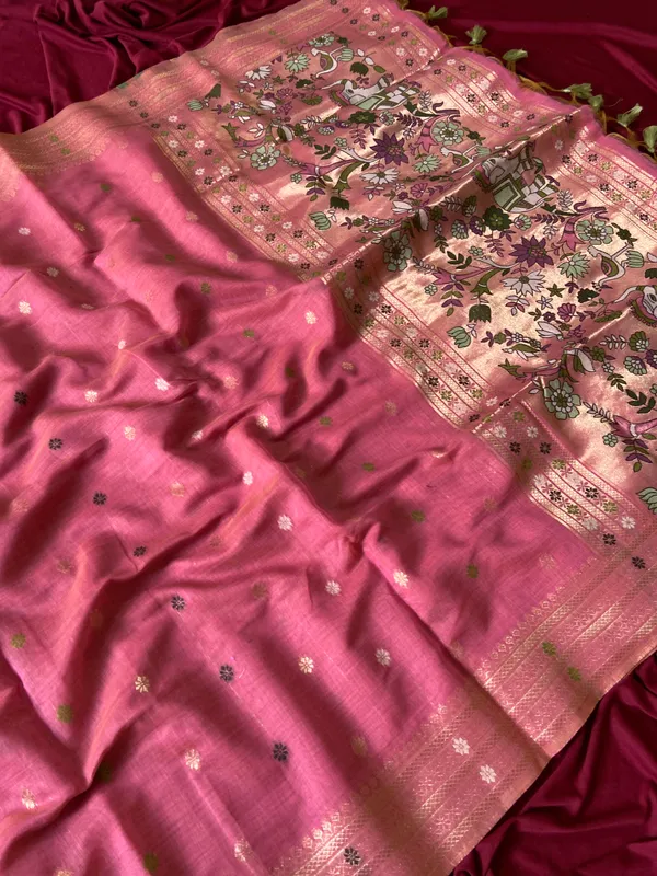Premium_Soft_Muga_Cotton_Paithani_sarees_with_Beautiful_colourfull_3D_Woven_Elephant_Design_Pallu_With_Attractive_All_Over_Resham_Weaving_Butti_Design_With_Zari_Weaving_Border_And_Resham_Weaving_Butti_Blouse_With_Fancy_Tassels
