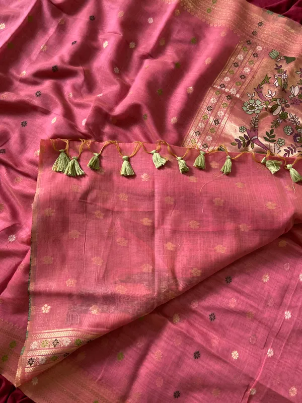 Premium_Soft_Muga_Cotton_Paithani_sarees_with_Beautiful_colourfull_3D_Woven_Elephant_Design_Pallu_With_Attractive_All_Over_Resham_Weaving_Butti_Design_With_Zari_Weaving_Border_And_Resham_Weaving_Butti_Blouse_With_Fancy_Tassels