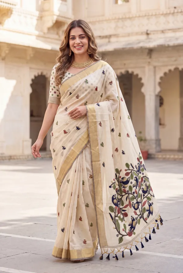Premium_Soft_Muga_Cotton_sarees_with_Beautiful_?Colourfull_Resham_Weaving_Pallu_With_Attractive_Traditional_Zari_Weaving_Border_With_All_Over_Resham_Weaving_Birds_Design_And_Resham_Weaving_Butti_Blouse_With_Fancy_Tassels