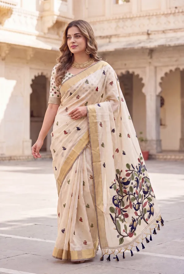Premium_Soft_Muga_Cotton_sarees_with_Beautiful_?Colourfull_Resham_Weaving_Pallu_With_Attractive_Traditional_Zari_Weaving_Border_With_All_Over_Resham_Weaving_Birds_Design_And_Resham_Weaving_Butti_Blouse_With_Fancy_Tassels