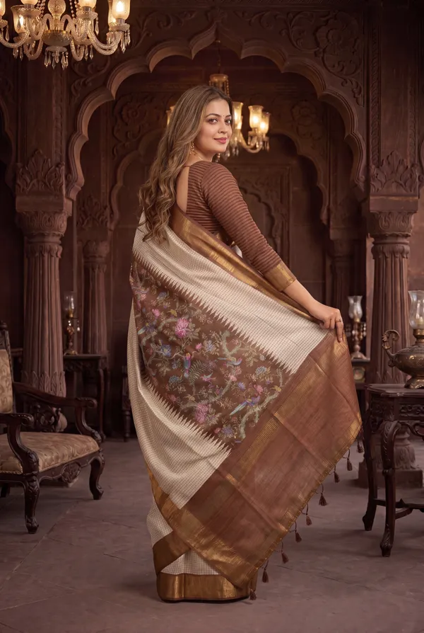 Soft_Tussar_Silk_sarees_with_Beautiful_Digital_Print_With_Attractive_Checks_Design_Saree_And_Digital_Print_Blouse_With_Tassels