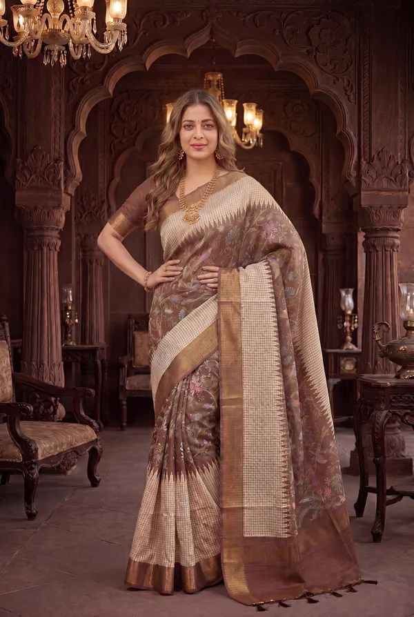 Soft_Tussar_Silk_sarees_with_Beautiful_Digital_Print_With_Attractive_Checks_Design_Saree_And_Digital_Print_Blouse_With_Tassels