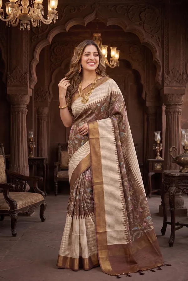 Soft_Tussar_Silk_sarees_with_Beautiful_Digital_Print_With_Attractive_Checks_Design_Saree_And_Digital_Print_Blouse_With_Tassels