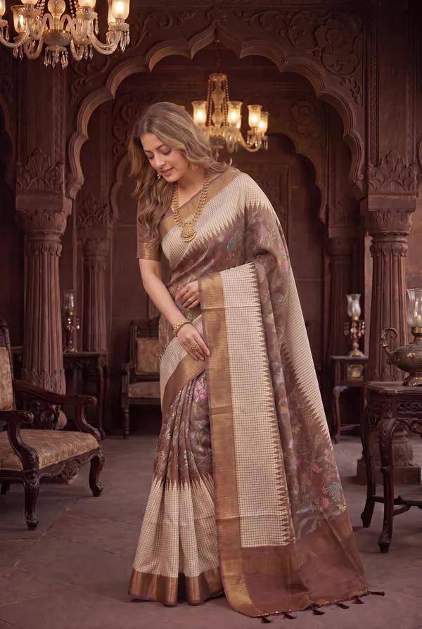 Soft_Tussar_Silk_sarees_with_Beautiful_Digital_Print_With_Attractive_Checks_Design_Saree_And_Digital_Print_Blouse_With_Tassels