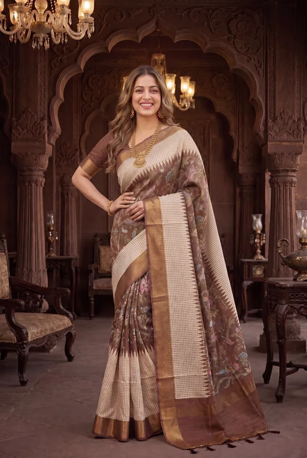 Soft_Tussar_Silk_sarees_with_Beautiful_Digital_Print_With_Attractive_Checks_Design_Saree_And_Digital_Print_Blouse_With_Tassels