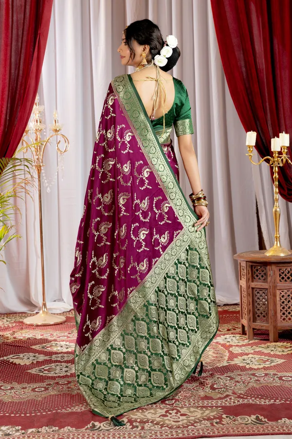 Banarasi_Pure_Satin_Silk_sarees_with_Beautiful_Peacock_in_Contrast_Green-Wine_Shades_With_Attractive_Weaving_Gold_Zari_Design_And_Contrast_Blouse_With_Tassels