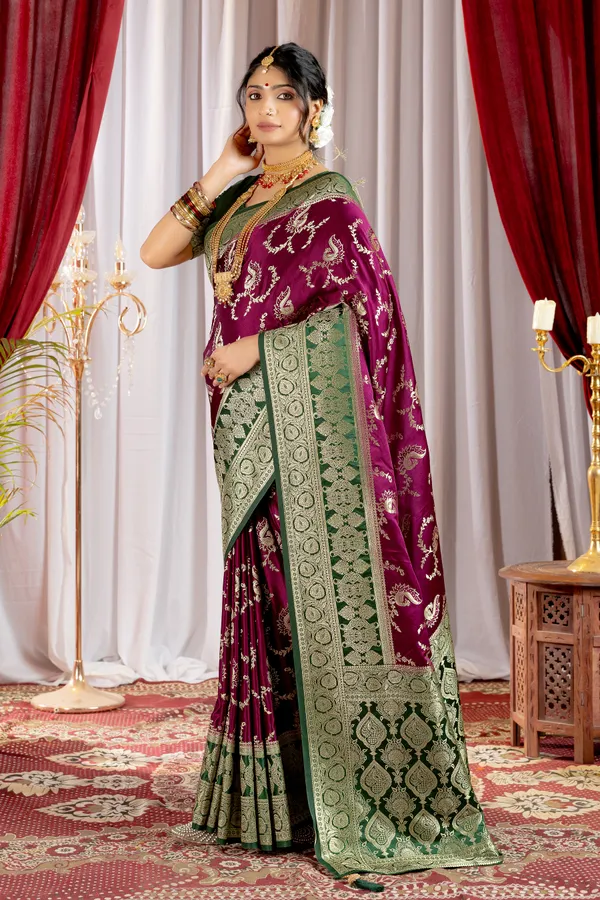Banarasi_Pure_Satin_Silk_sarees_with_Beautiful_Peacock_in_Contrast_Green-Wine_Shades_With_Attractive_Weaving_Gold_Zari_Design_And_Contrast_Blouse_With_Tassels