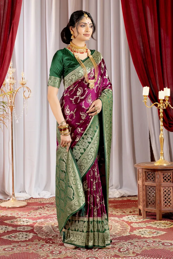 Banarasi_Pure_Satin_Silk_sarees_with_Beautiful_Peacock_in_Contrast_Green-Wine_Shades_With_Attractive_Weaving_Gold_Zari_Design_And_Contrast_Blouse_With_Tassels