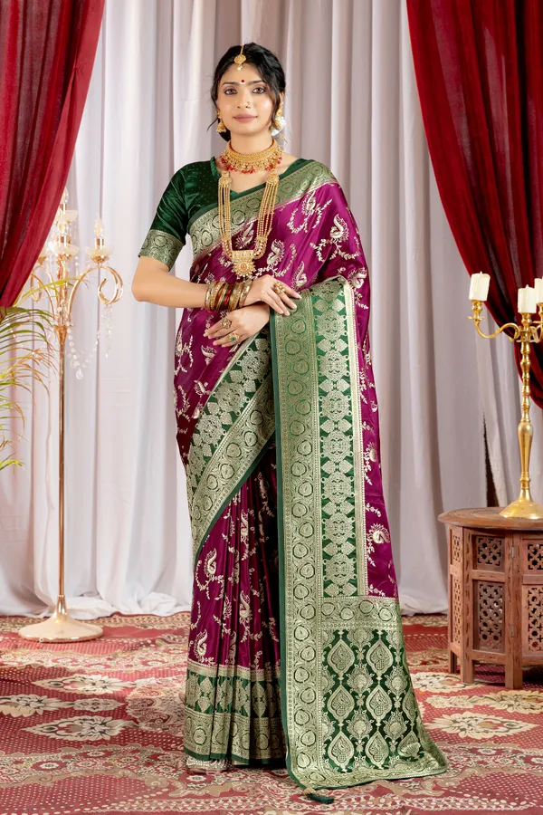 Banarasi_Pure_Satin_Silk_sarees_with_Beautiful_Peacock_in_Contrast_Green-Wine_Shades_With_Attractive_Weaving_Gold_Zari_Design_And_Contrast_Blouse_With_Tassels