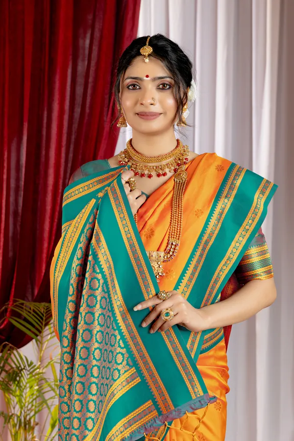 Narayana_Pattu_Narayanpet_Silk_sarees_with_Beautiful_Booti_in_Contrast_Rama-Orange_Shades_With_Attractive_Weaving_Gold_Zari_Design_And_Contrast_Blouse_With_Tassels