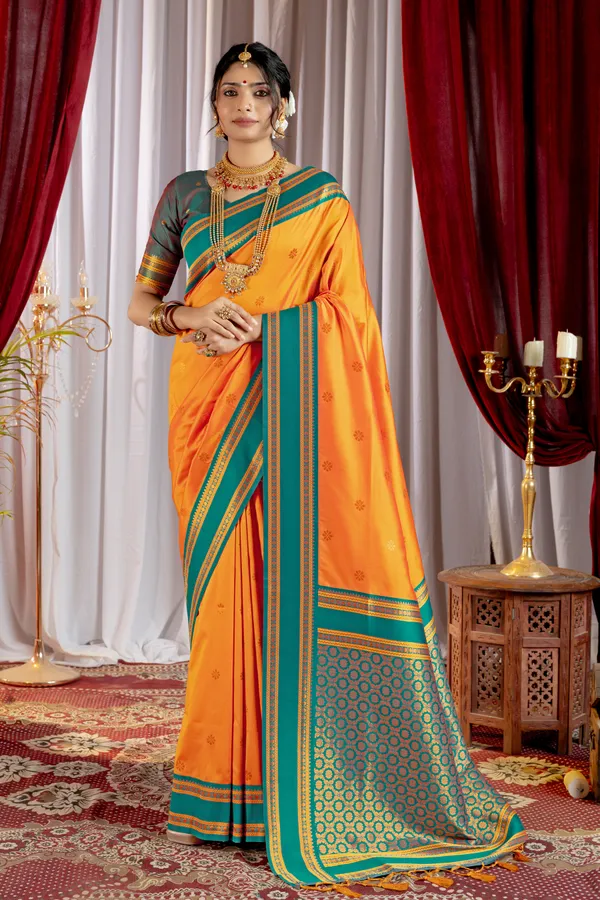 Narayana_Pattu_Narayanpet_Silk_sarees_with_Beautiful_Booti_in_Contrast_Rama-Orange_Shades_With_Attractive_Weaving_Gold_Zari_Design_And_Contrast_Blouse_With_Tassels