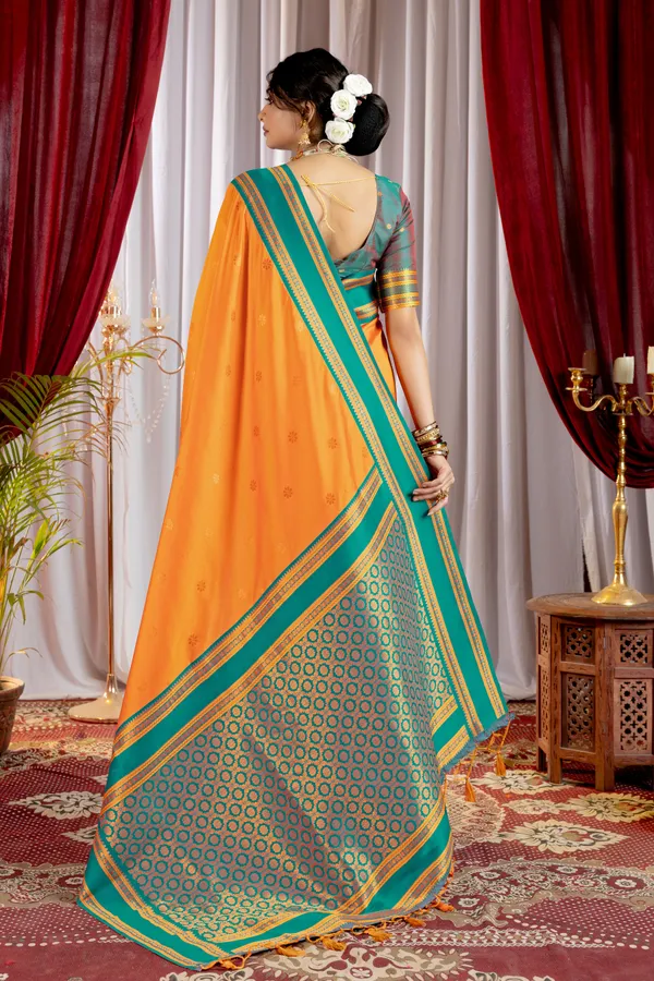 Narayana_Pattu_Narayanpet_Silk_sarees_with_Beautiful_Booti_in_Contrast_Rama-Orange_Shades_With_Attractive_Weaving_Gold_Zari_Design_And_Contrast_Blouse_With_Tassels