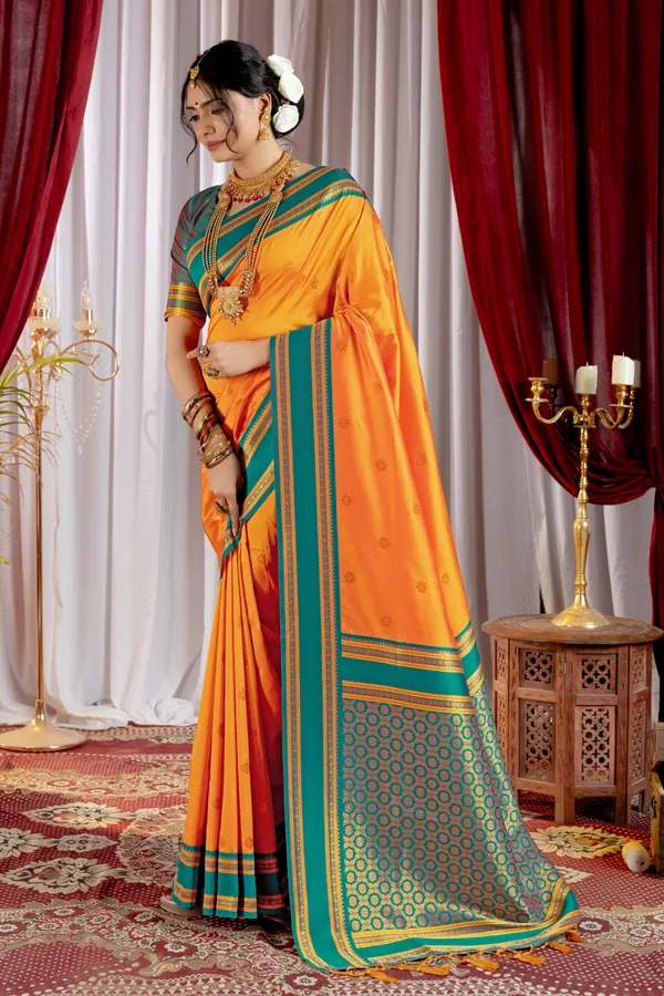 Narayana_Pattu_Narayanpet_Silk_sarees_with_Beautiful_Booti_in_Contrast_Rama-Orange_Shades_With_Attractive_Weaving_Gold_Zari_Design_And_Contrast_Blouse_With_Tassels