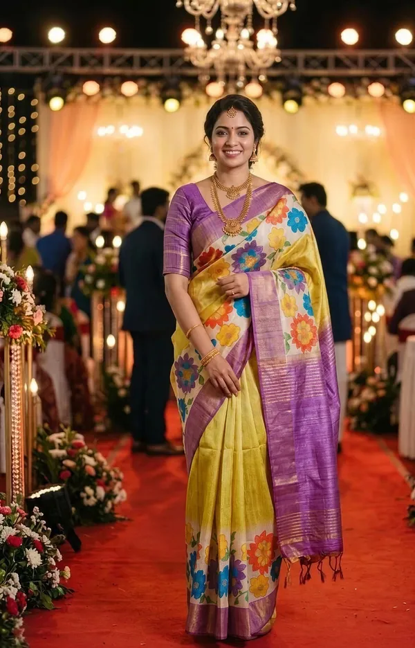 Soft_Tussar_Silk_sarees_with_Beautiful_Digital_Print_With_Attractive_Border_And_Contrast_Print_Blouse_With_Tassels