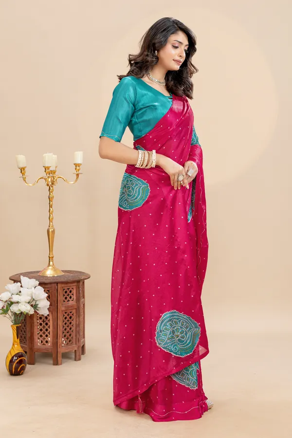 Soft_Chinon_Silk_sarees_with_Beautiful_Bandhani_Print_With_Attractive_Handwork_And_Mono_Fabric_Blouse_With_Tassels_in_new_styles_n_new_look