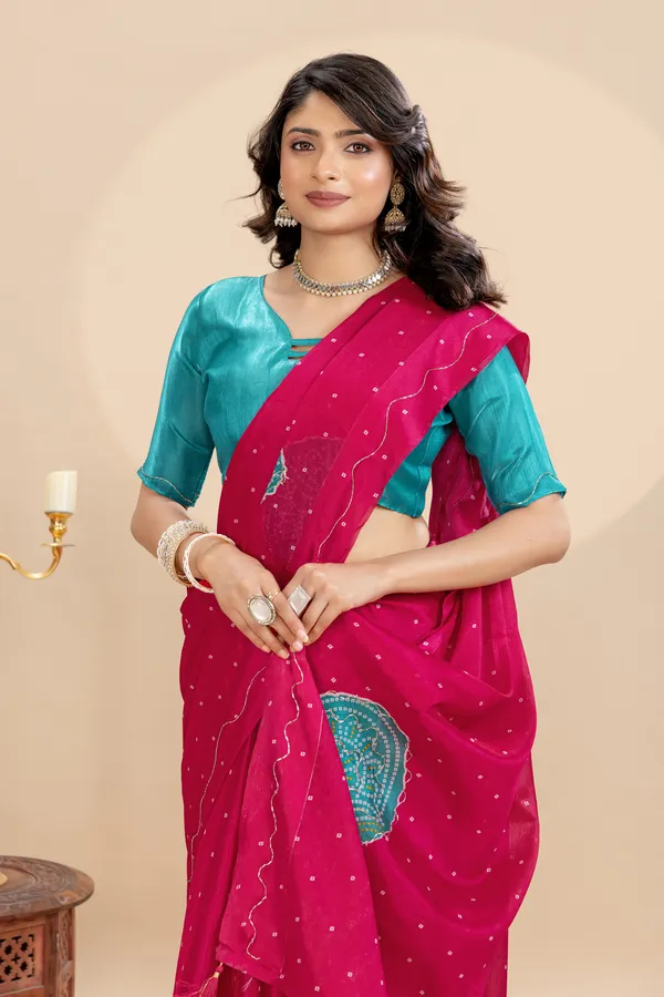 Soft_Chinon_Silk_sarees_with_Beautiful_Bandhani_Print_With_Attractive_Handwork_And_Mono_Fabric_Blouse_With_Tassels_in_new_styles_n_new_look