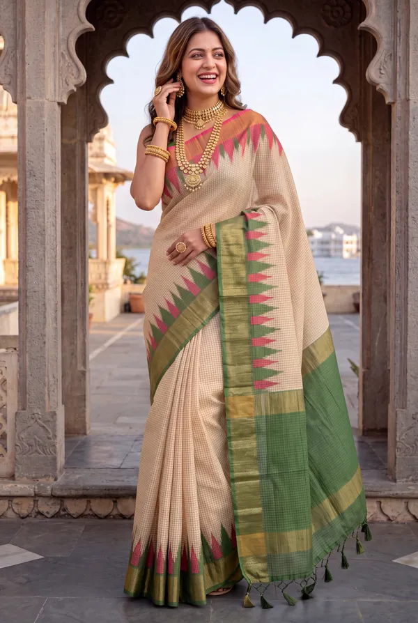 Soft_Tussar_Silk_sarees_with_Beautiful_Digital_Print_With_Attractive_Checks_Design_Saree_And_Digital_Print_Blouse_With_Tassels