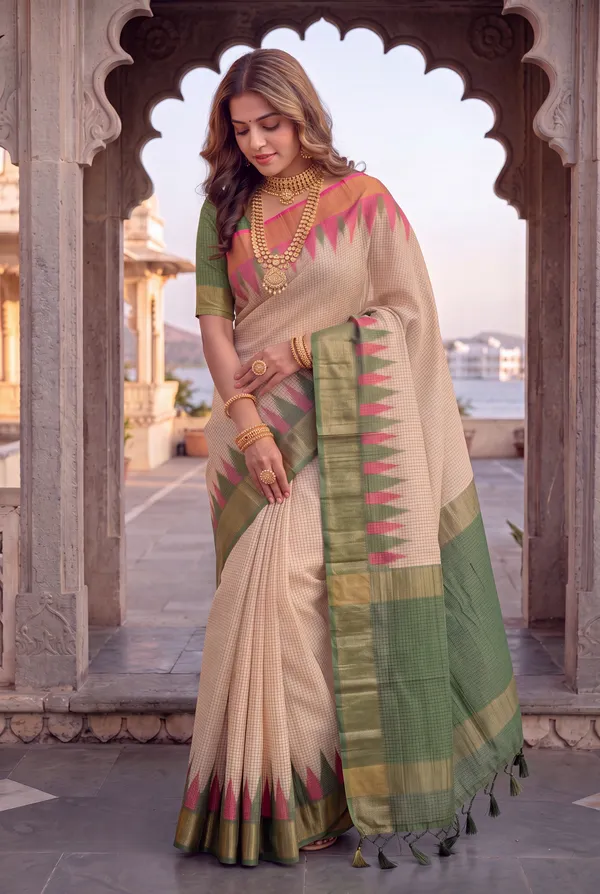 Soft_Tussar_Silk_sarees_with_Beautiful_Digital_Print_With_Attractive_Checks_Design_Saree_And_Digital_Print_Blouse_With_Tassels