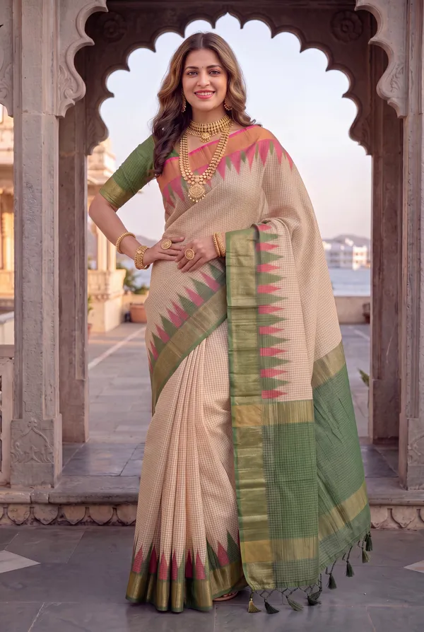 Soft_Tussar_Silk_sarees_with_Beautiful_Digital_Print_With_Attractive_Checks_Design_Saree_And_Digital_Print_Blouse_With_Tassels