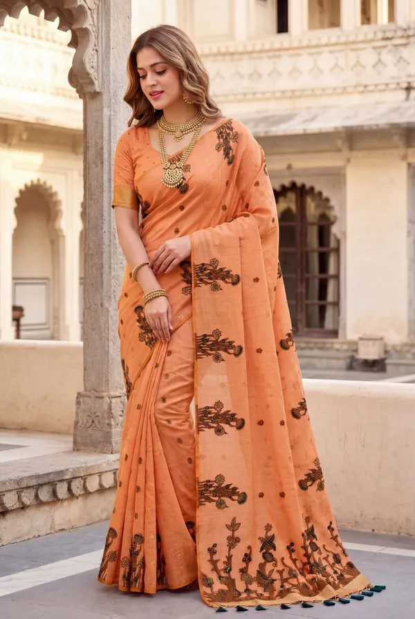 Premium_Soft_Muga_Cotton_sarees_with_Beautiful_Colourfull_Resham_Weaving__Flower_Design_Pallu_With_Attractive_Traditional_Zari_Weaving__With_All_Over__Resham_Weaving__And_Resham_Weaving_Butti_Blouse_With_Fancy_Tassels