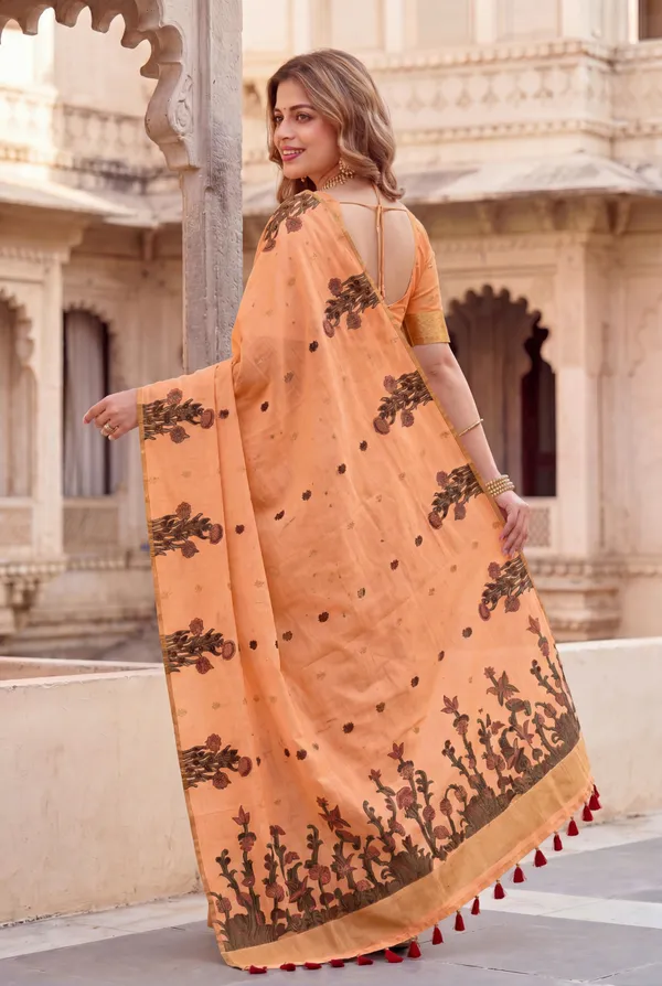 Premium_Soft_Muga_Cotton_sarees_with_Beautiful_Colourfull_Resham_Weaving__Flower_Design_Pallu_With_Attractive_Traditional_Zari_Weaving__With_All_Over__Resham_Weaving__And_Resham_Weaving_Butti_Blouse_With_Fancy_Tassels
