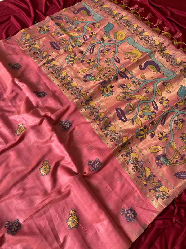 Premium_Soft_Muga_Cotton_Paithani_sarees_with_Beautiful_Weaving_Design_Featuring_Jungle_Theme_And_Swan_Motifs_Pallu_With_Attractive_All_Over_Resham_Weaving_Butti_Design_And_Resham_Weaving_Butti_Blouse_With_Fancy_Tassels