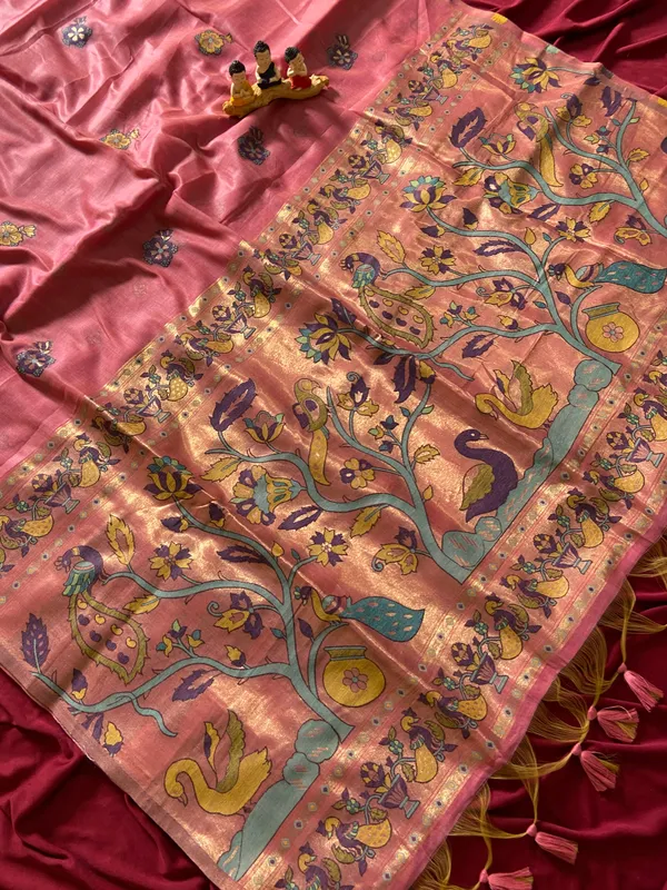 Premium_Soft_Muga_Cotton_Paithani_sarees_with_Beautiful_Weaving_Design_Featuring_Jungle_Theme_And_Swan_Motifs_Pallu_With_Attractive_All_Over_Resham_Weaving_Butti_Design_And_Resham_Weaving_Butti_Blouse_With_Fancy_Tassels