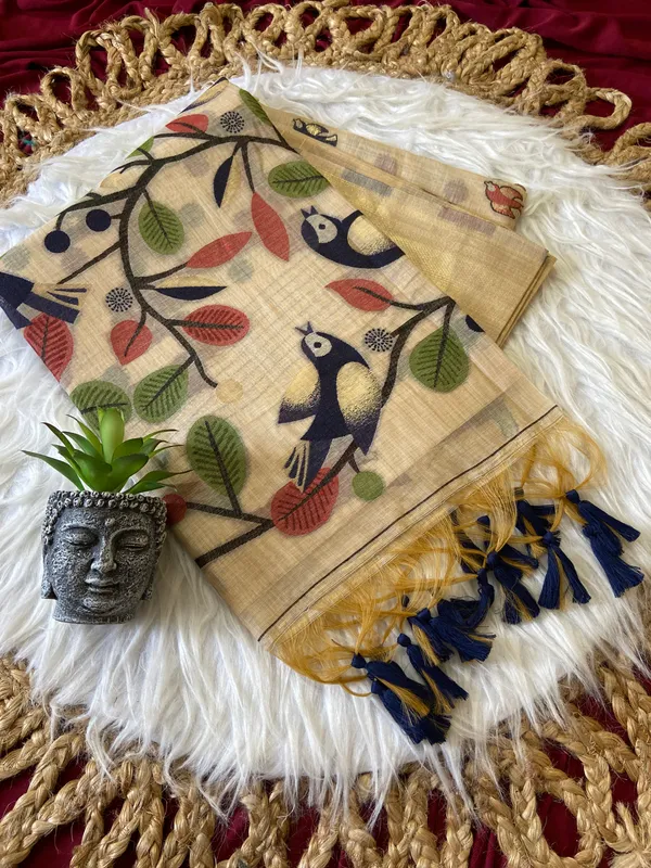 Premium_Soft_Muga_Cotton_sarees_with_Beautiful_Colourfull_Resham_Weaving_Pallu_With_Attractive_Traditional_Zari_Weaving_Border_With_All_Over_Resham_Weaving_Birds_Design_And_Resham_Weaving_Butti_Blouse_With_Fancy_Tassels