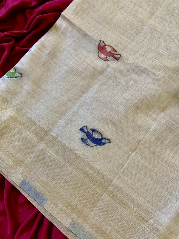 Premium_Soft_Muga_Cotton_sarees_with_Beautiful_Colourfull_Resham_Weaving_Pallu_With_Attractive_Traditional_Zari_Weaving_Border_With_All_Over_Resham_Weaving_Birds_Design_And_Resham_Weaving_Butti_Blouse_With_Fancy_Tassels