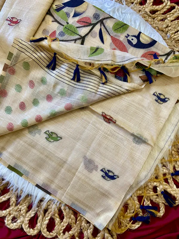 Premium_Soft_Muga_Cotton_sarees_with_Beautiful_Colourfull_Resham_Weaving_Pallu_With_Attractive_Traditional_Zari_Weaving_Border_With_All_Over_Resham_Weaving_Birds_Design_And_Resham_Weaving_Butti_Blouse_With_Fancy_Tassels