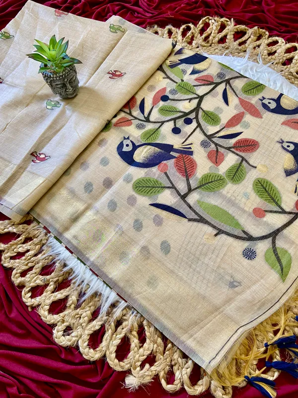 Premium_Soft_Muga_Cotton_sarees_with_Beautiful_Colourfull_Resham_Weaving_Pallu_With_Attractive_Traditional_Zari_Weaving_Border_With_All_Over_Resham_Weaving_Birds_Design_And_Resham_Weaving_Butti_Blouse_With_Fancy_Tassels