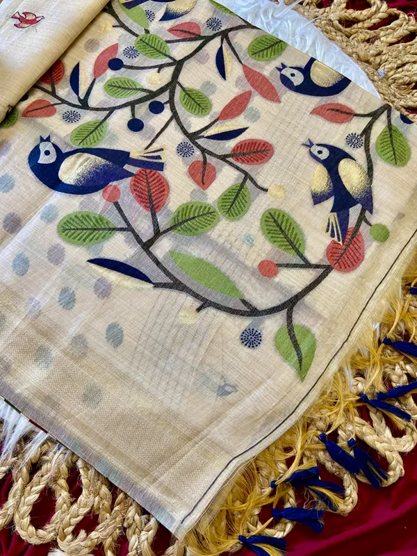 Premium_Soft_Muga_Cotton_sarees_with_Beautiful_Colourfull_Resham_Weaving_Pallu_With_Attractive_Traditional_Zari_Weaving_Border_With_All_Over_Resham_Weaving_Birds_Design_And_Resham_Weaving_Butti_Blouse_With_Fancy_Tassels