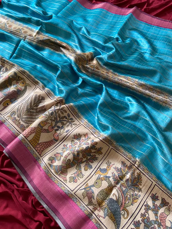 Soft_Semi_Tussar_Silk_sarees_with_Beautiful_Digital_Print_With_Attractive_Border_And_Contrast_Print_Blouse_With_Tassels