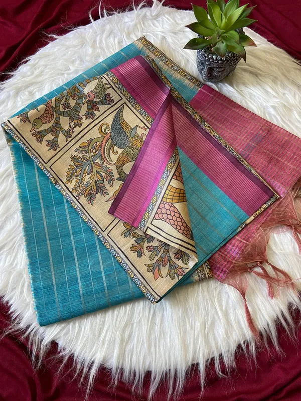 Soft_Semi_Tussar_Silk_sarees_with_Beautiful_Digital_Print_With_Attractive_Border_And_Contrast_Print_Blouse_With_Tassels