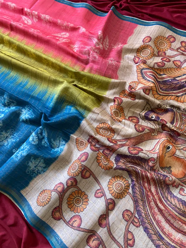 Soft_Tussar_Silk_sarees_with_Beautiful_Style_Of_Kalamkari_Digital_Print_With_Attractive_Border_And_Contrast_Print_Blouse_With_Tassels