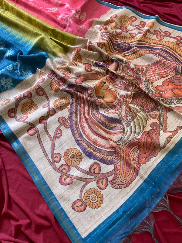 Soft_Tussar_Silk_sarees_with_Beautiful_Style_Of_Kalamkari_Digital_Print_With_Attractive_Border_And_Contrast_Print_Blouse_With_Tassels