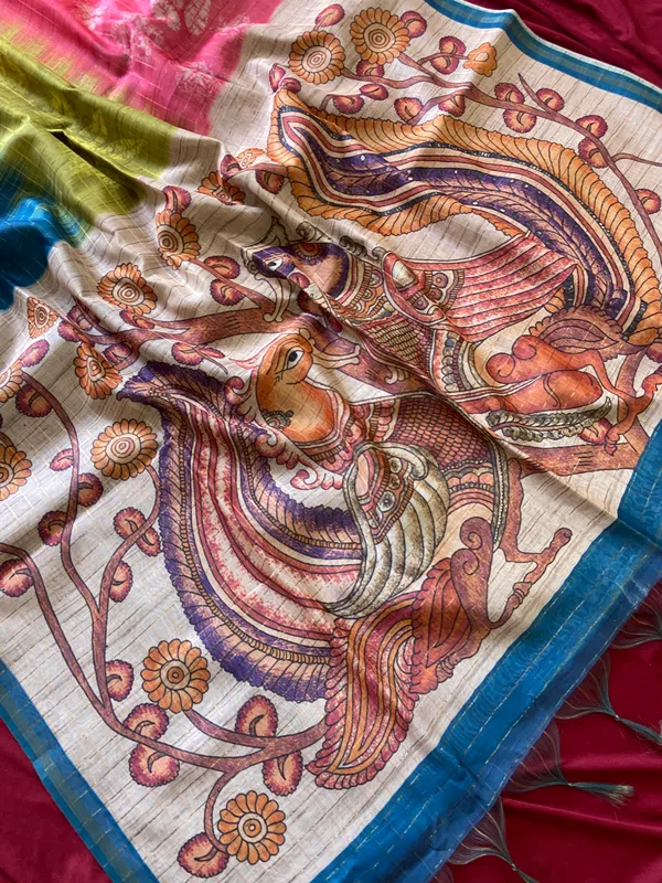 Soft_Tussar_Silk_sarees_with_Beautiful_Style_Of_Kalamkari_Digital_Print_With_Attractive_Border_And_Contrast_Print_Blouse_With_Tassels