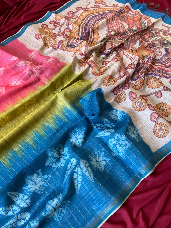 Soft_Tussar_Silk_sarees_with_Beautiful_Style_Of_Kalamkari_Digital_Print_With_Attractive_Border_And_Contrast_Print_Blouse_With_Tassels