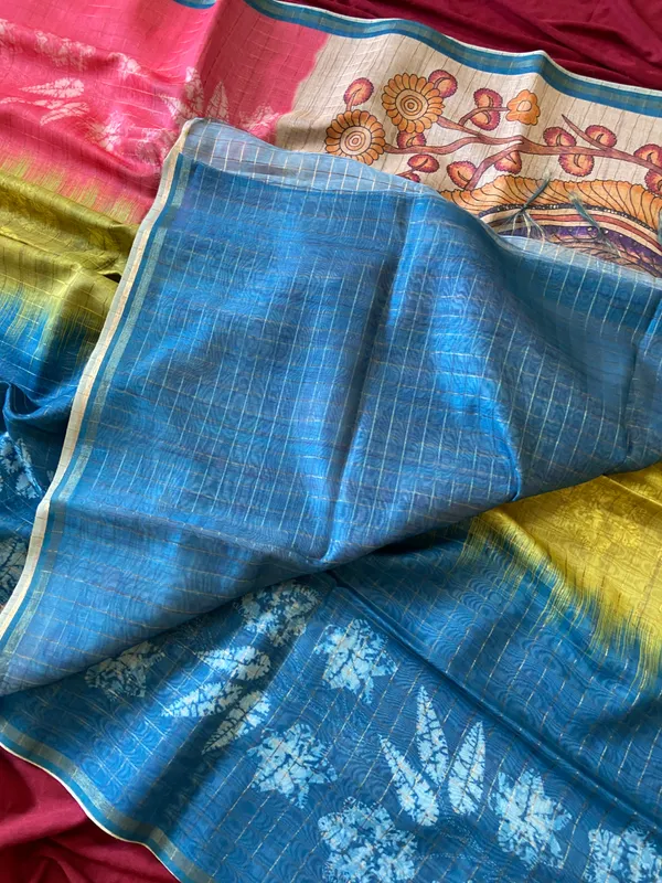 Soft_Tussar_Silk_sarees_with_Beautiful_Style_Of_Kalamkari_Digital_Print_With_Attractive_Border_And_Contrast_Print_Blouse_With_Tassels