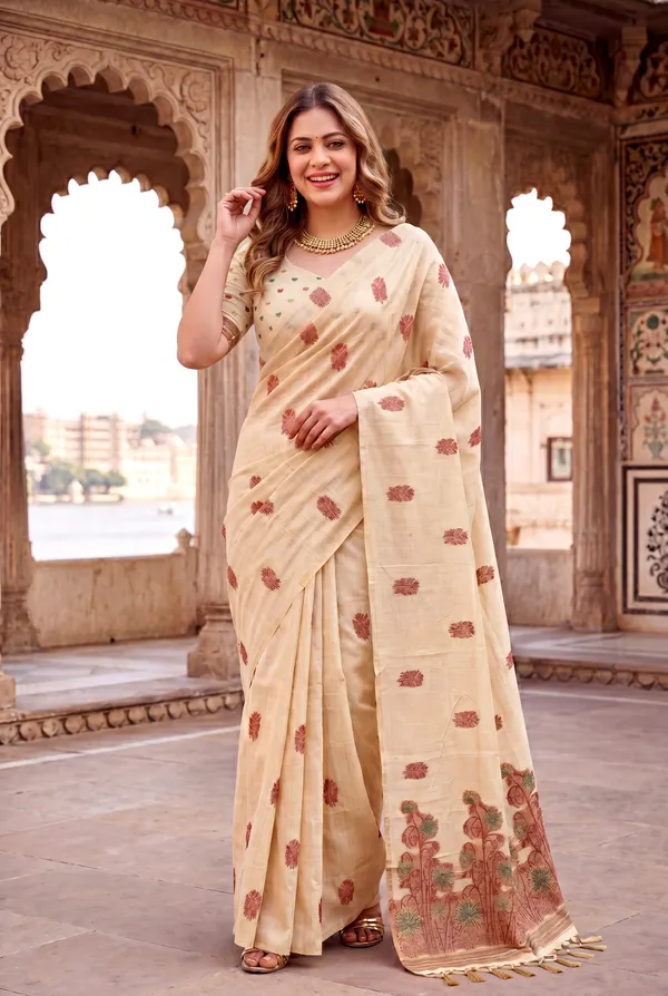 Premium_Soft_Muga_Cotton_sarees_with_Beautiful_?Colourfull_Resham_Weaving__Flower_Design_Pallu_With_Attractive_Traditional_Zari_Weaving__With_All_Over__Resham_Weaving__And_Resham_Weaving_Butti_Blouse_With_Fancy_Tassels
