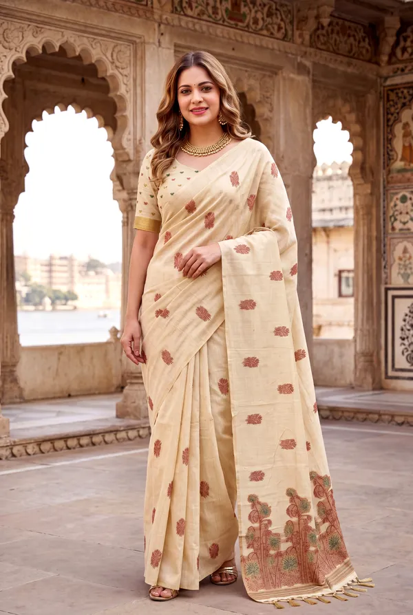 Premium_Soft_Muga_Cotton_sarees_with_Beautiful_?Colourfull_Resham_Weaving__Flower_Design_Pallu_With_Attractive_Traditional_Zari_Weaving__With_All_Over__Resham_Weaving__And_Resham_Weaving_Butti_Blouse_With_Fancy_Tassels